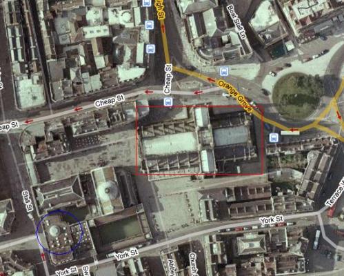 Pump Room and Roman Baths (blue Circle) and Bath Abbey (Red Rectangle)