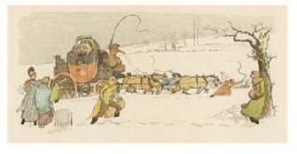 Horses in snow, with passengers alighted and trunks removed