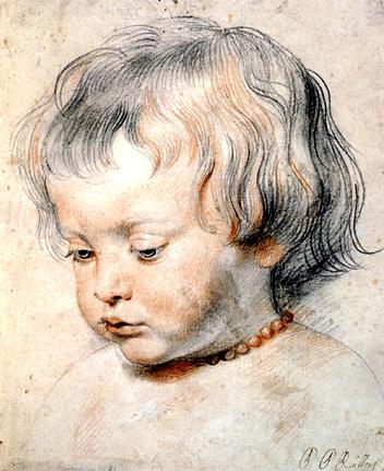 Nicolaas Rubens Wearing a Coral Necklace, Peter Paul Rubens, Red and black chalk heightened with white and some black ink on paper, c. 1619