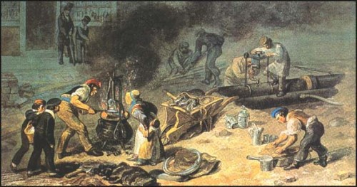 Laying a water-main in Tottenham Court Road, George Scharf, 1834