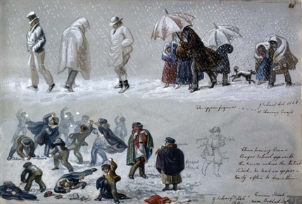 Sketches of people in snow, Scharf, 1820-30, British Museum