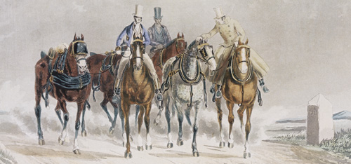 Post-Boys and their ponies, I Henderson, 1834. Although this image depicts a scene later than the era described in this post, and the ponies are harnessed to pull carriages, not deliver the mail, I chose the image because it is reminded me of a description of post-boys setting out with several ponies. This image is from the British Postal Museum Archive.