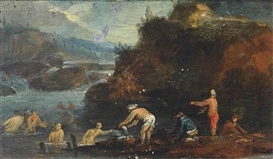 A river landscape with bathers in the foreground dutch 18thc