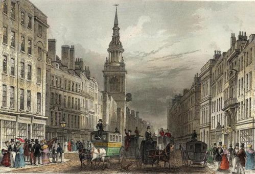 Cheapside and Bow Church engraved by W.Albutt after T.H.Shepherd publ 1837 edited. The pretty steeple is visible in this image. (wikipedia)