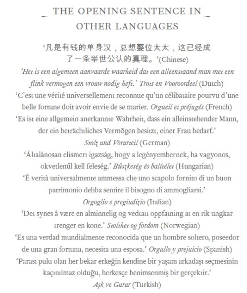 Opening sentence of Pride and Prejudice in different languages. Fullerton discusses its meaning in quite some detail.