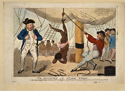 "The abolition of the slave trade Or the inhumanity of dealers in human flesh exemplified in Captn. Kimber's treatment of a young Negro girl of 15 for her virjen (sic) modesty."Shows an incident of an enslaved African girl whipped to death for refusing to dance naked on the deck of the slave ship Recovery, a slaver owned by Bristol merchants. Captain John Kimber was denounced before the House of Commons by William Wilberforce over the incident. In response to outrage by abolitionists, Captain Kimber was brought up on charges before the High Court of Admiralty in June 1792, but acquitted of all charges. Image @Wikimedia