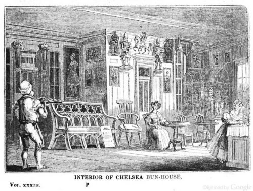 Interior of Chelsea Bun-House. Image from 1839 edition of The Mirror, Google eBook
