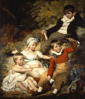 THE CHILDREN OF RICHARD CROFT, 6TH Bt.,c.1803, by John James Halls, R.A.  In this image one can see the three stages of boyhood - petticoats, skeleton suit, and jacket, shirt, and trousers.
