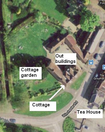 Sattelite view of Chawton Cottage with its walled in garden and outbuildings. Click here to see the image of the village from satellite.