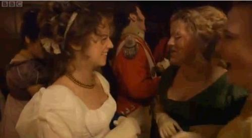 Simple hybrid dress, much as Elizabeth Bennet might have worn. Notice the coral necklace. 