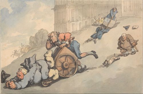 Rowlandson, The Comforts of Bath, Gouty person fall on steep hill. Wikimedia image.