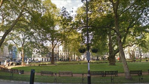View from the shop at #7 to Berkeley Square. Note that the plane trees are among the oldest in central London, planted in 1789 by 