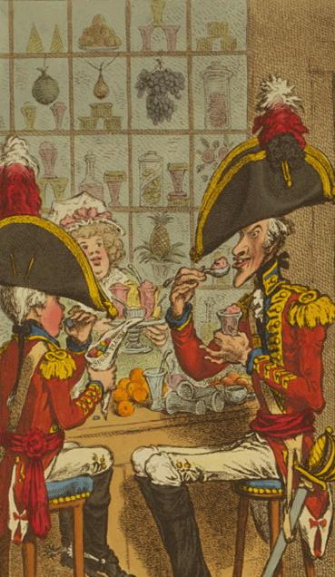 Detail of a James Gillray cartoon of soldiers eating  in a confectioner's shops, 1797. Image @Library of Congress