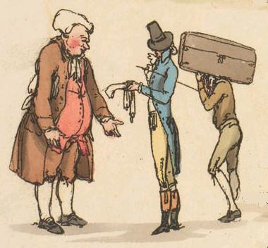 Arrival at an inn, or examining his accounts?