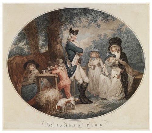 St James's Park, Soiron, François David, about 1780, Colour stipple engraving, with additional colour by hand. Bequeathed by Mrs M. V. Cunliffe. V & A Museum