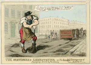 With time, machines began to replace manual labor, as this unhappy street sweeper notes.