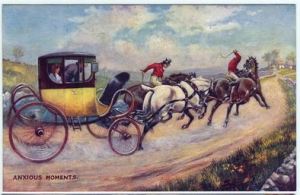 Gretna Green, trois cartes postales illustrées (d’une série de 4) représentant les épisodes d'un mariage à Gretna Green : (Le Départ) ; Moments d'angoisse. Image @Wikimedia Commons