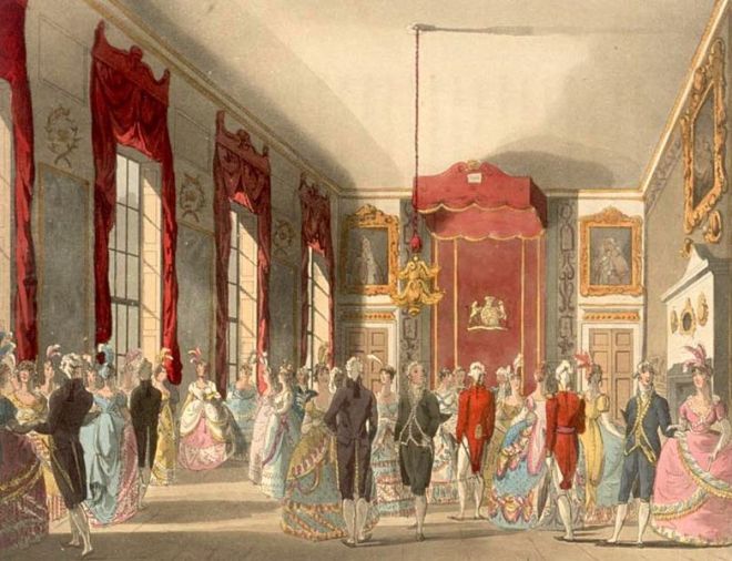 Rowlandson, Drawing Room at St. James's Palace in London, Microcosm o fLondon, 1810. Image, Wikimedia Commons.