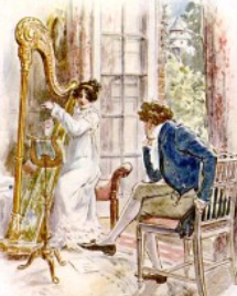 Image of Mary Crawford playing harp-C.E.Brock