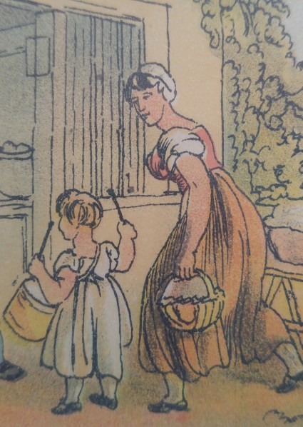 A young girl and a maid of all work. Notice that bishop sleeves are used by young and old, as well as the working classes. Image by Vic Sanborn from a print owned by Vic Sanborn