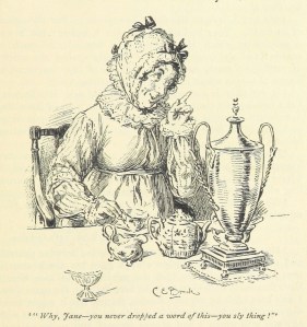 Mrs. Bennet, from the 1985 edition of Pride and Prejudice, illustrated by Hugh Thomson and published by Macmillan & Co