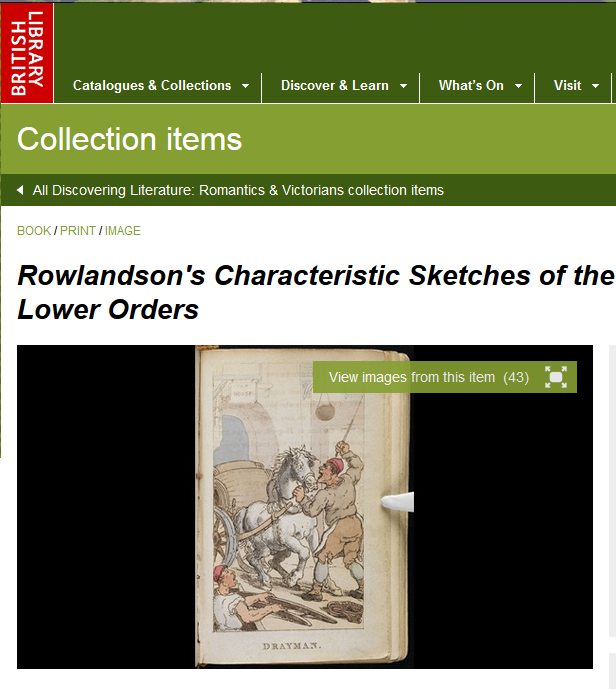 Landing page to Rowlandson's characteristic Sketches of the Lower Orders, intended as a companion to the New Picture of London, with an image of Drayman.