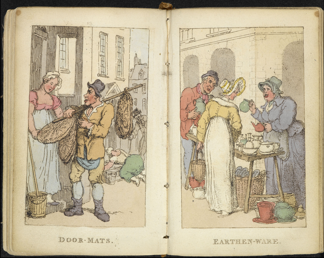 Two pages in Rowlandson's characteristic Sketches of the Lower Orders, intended as a companion to the New Picture of London, depicting Door-Mats seller and Earthen-ware seller.
