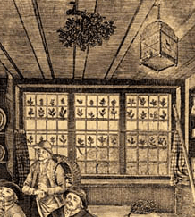 Detail of sprigs of ivy in window, Bowles and Carver print, London. Circa 1775