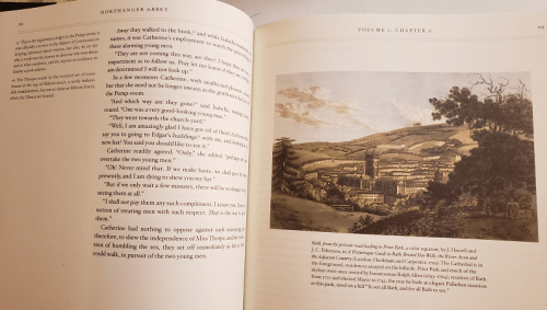 Image of Pages 112 and 113 with Jane Austen's text, annotations, and an image of Bath from a private road leading to Prior Park.