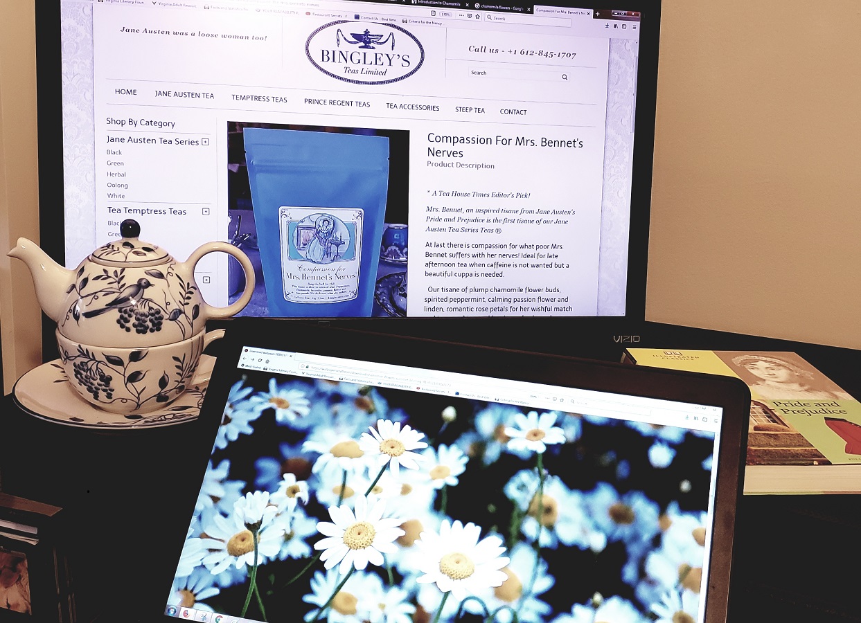 Image of Bingleys teas, chamomile flowers, and favorite teapot/cup
