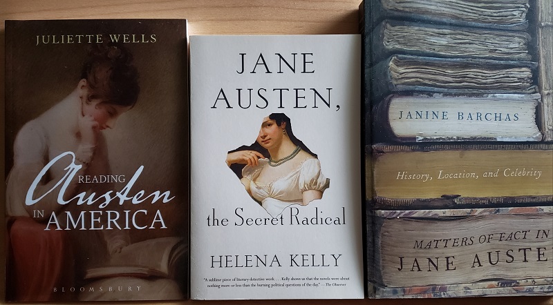 Book covers of Reading Austen in America; Jane Austen, the Secret Radical; and Matters of Fact in Jane Austen: History, Location, and Celebrity