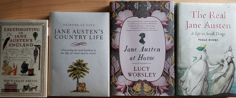 Book covers of Eavesdropping on Jane Austen's England; Jane Austen's Country Life; Jane Austen at Home; and The Real Jane Austen.