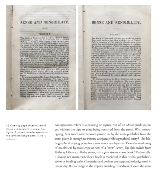 Sense and Sensibility comparison pages of books printed decades apart from the same stereotype plate