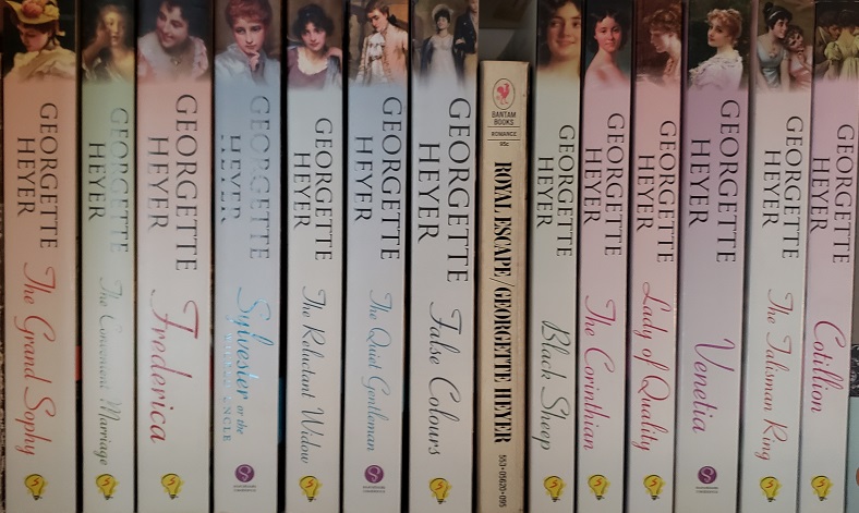 Image of Some of Vic's Georgette Heyer books in her collection.