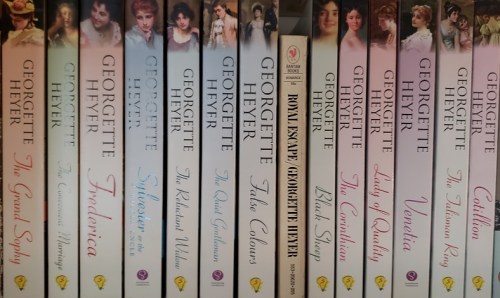 Image of Some of Vic's Georgette Heyer books in her collection.