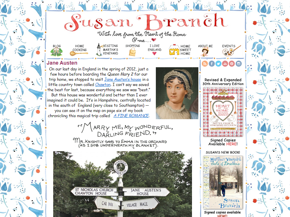 Image of Susan Branch's blog and post of her journey to Chawton Cottage