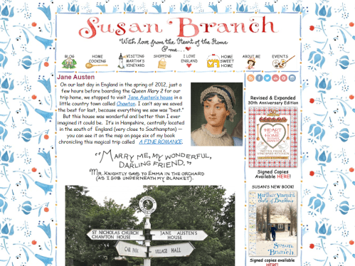 Image of Susan Branch's blog and post of her journey to Chawton Cottage