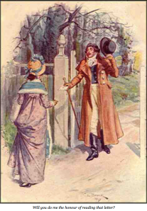 Image of Elizabeth and Darcy: After Elizabeth receives Darcy's letter, she walks alone for two hours to consider what the truth is. C. E. Brock illustration of Pride and Prejudice, public domain.