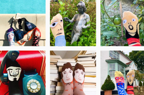 Six instagram images of people wearing Chatty Feet socks in the community
