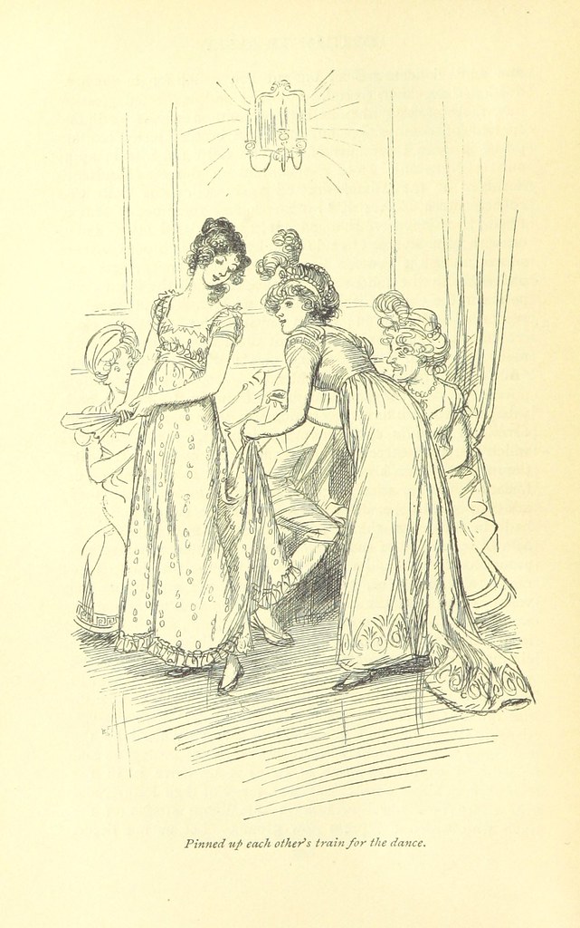 Image of "Pinned up each others trains", Northanger Abbey illustration in the public domain, Hugh Thompson. British Library.
