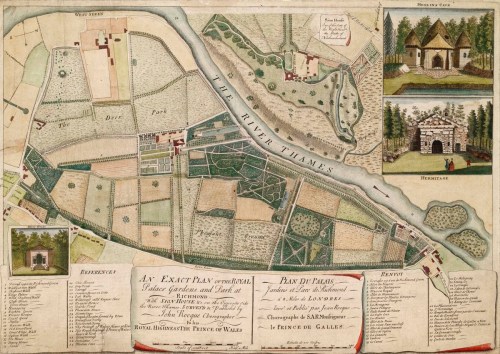 Color illustration of Kew Gardens, 1754 by cartographer John Rocque. Kew Archives.