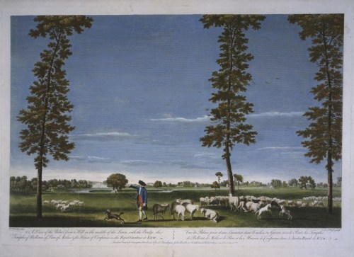 Color illustration of A view of Kew Gardens with a flock of sheep, by William Woollett, c1765 (© Historic Royal Palaces)