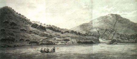 Endeavour is beached in Australia- the Great Barrier Reef. An engraving, John Hawkesworth's An Account of the voyagesCredit-National Library of Australia.