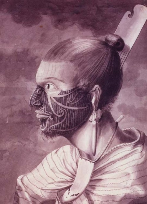 Black and white profile of a Maori by Sydney Parkinson, public domain image, Wikipedia