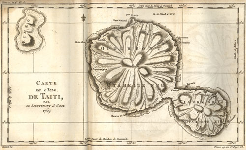 Black and white illustration of an 18th c. map of Tahiti