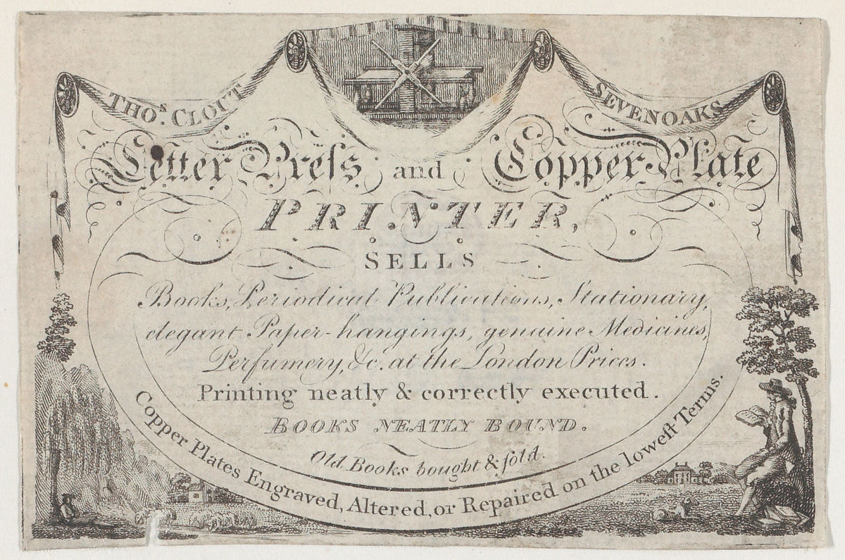 Image of a Trade Card of Thomas Clout, Printer. An engraving of a printing press is at the top center of the card. Public domain image, courtesy of the Metropolitan Museum of Art.