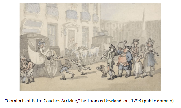 Image of “Comforts of Bath: Coaches Arriving,” by Thomas Rowlandson, 1798 (public domain)