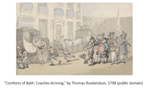 Image of “Comforts of Bath: Coaches Arriving,” by Thomas Rowlandson, 1798 (public domain)