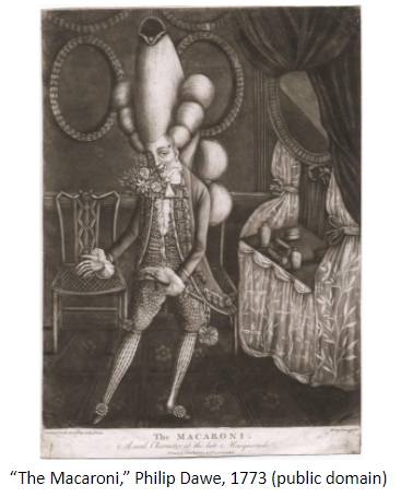 Image of “The Macaroni,” Philip Dawe, 1773 (public domain)