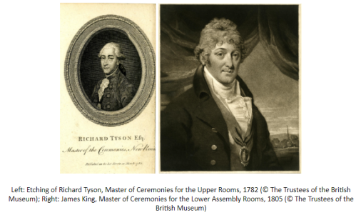 Two images: Left: Etching of Richard Tyson, Master of Ceremonies for the Upper Rooms, 1782 (© The Trustees of the British Museum); Right: James King, Master of Ceremonies for the Lower Assembly Rooms, 1805 (© The Trustees of the British Museum)